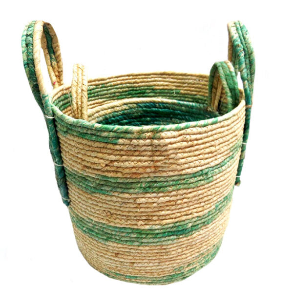 Expertly crafted from natural materials, the Peridot Set Of 2 Baskets offers both beauty and functionality. With sizes of 30 x 33 cm and 25 x 25cm, these baskets are perfect for organizing your space. The aqua stripes and woven handles add a touch of style to any room- UNIQUE INTERIORS