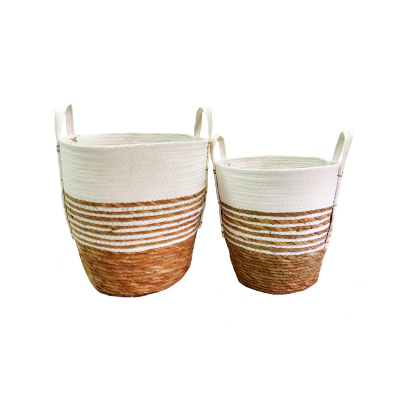The Peregrine Baskets S/2 are expertly crafted from natural materials, providing both beauty and functionality. Perfect for organizing any space, the baskets feature stripes and woven handles for added style. Keep your home tidy and stylish with these versatile baskets.UNIQUE INTERIORS.