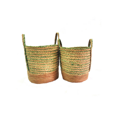 Enhance your home decor with these Bungalow Tropics Baskets. Made of natural materials, these two woven baskets feature green and natural stripes with a sturdy base. The large basket measures 32 cm in diameter and 29 cm in height (excluding handles), while the small basket measures 27 cm in diameter and 27 cm in height (excluding handles). Perfect for organizing and adding a touch of tropical flair to your space.UNIQUE INTERIORS.
