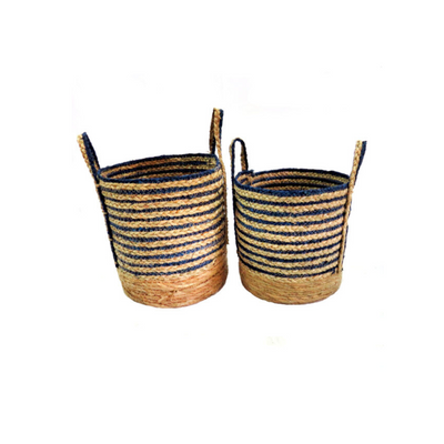 ntroduce natural elements into your home with our Beach House Baskets S/2. Hand woven with deep blue and natural thin stripes, these baskets are the perfect addition to any room. With a large size of 32cm diameter and 29cm height, and a smaller size of 27cm diameter and 27cm height, these sturdy baskets will provide ample storage while adding a touch of coastal charm to your decor.UNIQUE INTERIORS.