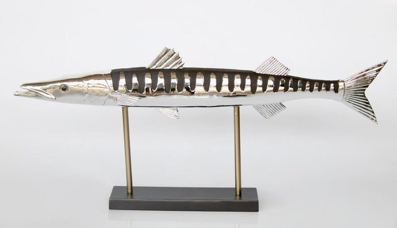 LARGE DISTRESSED BLACK & SILVER BARRACUDA ON STAND 40X87CM