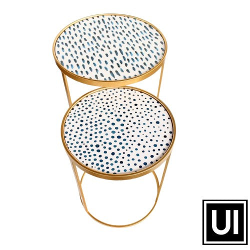 Set of 2 blue blob & gold nesting tables 56x50cm  Stunning side table to suit any living room and interior setting.  A must have for hosting home decor item  Unique Interiors 
