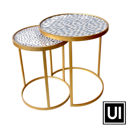 Set of 2 blue blob & gold nesting tables 56x50cm  Stunning side table to suit any living room and interior setting.  A must have for hosting home decor item  Unique Interiors 