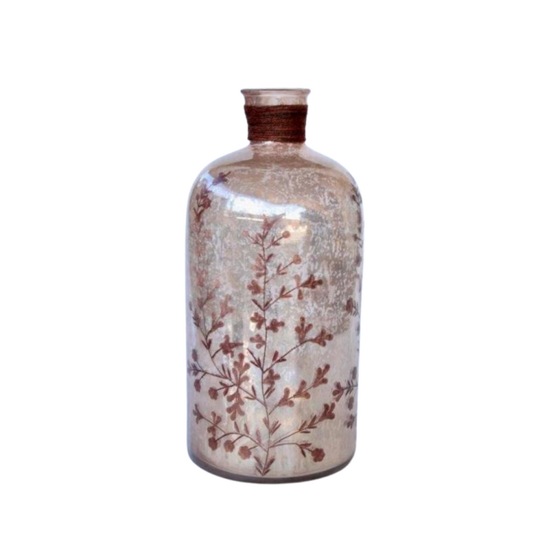 This exquisite Antique brown etched flower glass vase is 45X22cm, made of sturdy glass, and finished with a beautiful etched flower design. It&