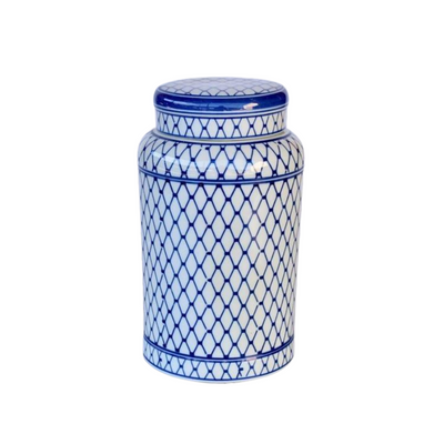 Large Blue &amp; White Jar with Lid 28X16CMis the perfect addition to your home decor. With a size of 20X16CM&nbsp; , it provides ample storage space while also adding a touch of elegance to any room. Its sleek and stylish design is sure to impress.Unique Interiors.