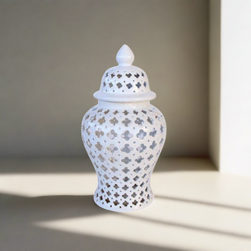 Discover the perfect accent for your home with our Medium White Cut-Out Ginger Jar. Featuring a sleek 45X23CM design, this elegant jar adds a touch of sophistication to any room. Showcase your style and elevate your decor with this stunning piece.unique interiors