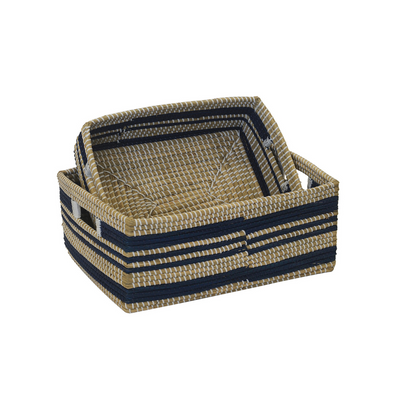 Basket Arley Rectangle Blue &amp; Natural S/2 offers both stylish design and long-lasting durability. Crafted from all-natural materials, these baskets serve as a functional and environmentally-friendly storage solution. Featuring a robust construction, they offer a dependable alternative to conventional storage choices. Enhance your home organization with these sophisticated and eco-conscious baskets.Unique Interiors.