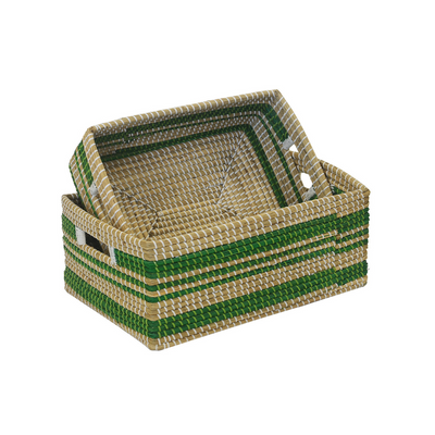 The Unique Basket Arley Rectangle Green & Natural S/2 offers both stylish design and long-lasting durability. Crafted from all-natural materials, these baskets serve as a functional and environmentally-friendly storage solution. Featuring a robust construction, they offer a dependable alternative to conventional storage choices. Enhance your home organization with these sophisticated and eco-conscious baskets.Unique Interiors.