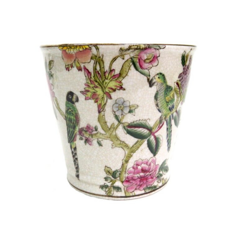 17CMD X 15.5 CMH  parrots and fruit design on this lovely porcelain pot  UNIQUE INTERIORS