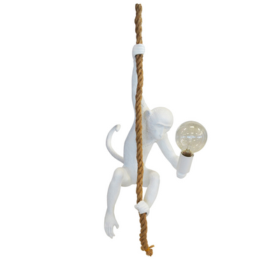 Resin monkey on rope white  Size  80CM (H)  Beautiful white monkey on the rope for the perfect hanging light.  lovely addition to any home. Interior Decor Piece.  Ornamental lighting.  Unique Interiors 