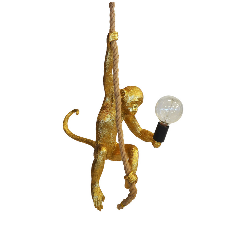 This resin monkey on rope gold is a gorgeous piece for your interior décor. It stands 70-80cm (H) high and features a beautiful gold monkey on the rope, perfect for a hanging light. A one-of-a-kind addition to any home, this ornamental lighting will bring unique flair to your interiors.  Resin monkey on rope gold  Size  70 to 80CM (H)  Beautiful gold monkey on the rope for the perfect hanging light.  Lovely addition to any home. Interior Decor Piece.  Ornamental lighting.  Unique Interiors 