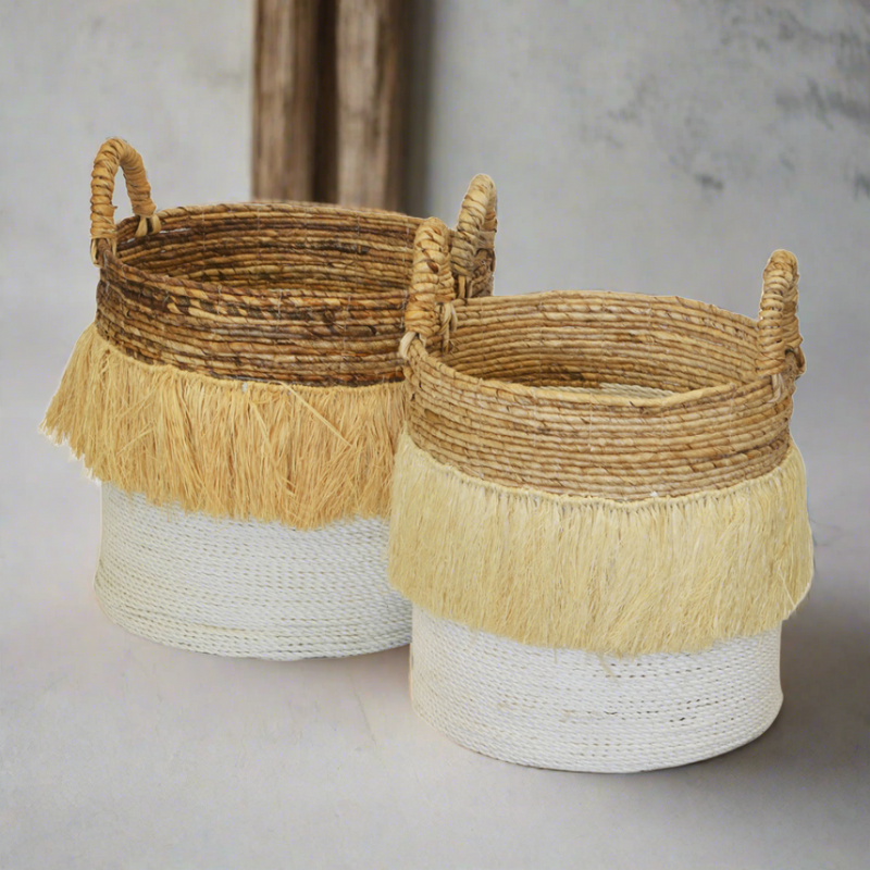 Basket tassel round natural/white s/2
