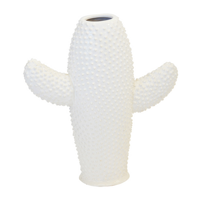Ceramic cactus vase white flat large  Size  34CM (H) X 22CM (W)  Ceramic porcelain decor   Unique Interiors  Enhance your home with a unique touch by adding this ceramic cactus-shaped vase. This large flat vase has a striking white color and is perfect for decorating your home or office interiors. Its large size of 34cm (H) x 22cm (W) allows for great versatility in any space. Be creative and enjoy the modern artistic vibe of this eye-catching ceramic porcelain decor.