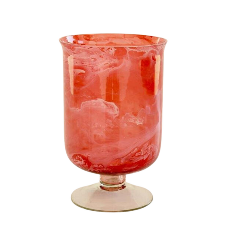 A unique Cranberry glass candle holder with a 20x13cm foot is designed to add a touch of elegance to any space. This product is crafted from recycled glass, and will provide long-lasting beauty. It has a size of 20x13cm.  Can be delivered in 5 to 7 days.