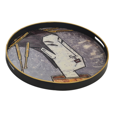 This sleek glass tray is decorated with the image of a traditional geisha girl in grey tones, making it a perfect addition to your home decor. Measuring 60cm X 5cm it adds a refined touch to any living space. Enjoy the unique combination of green and gold and enhance your interior with this stunning piece. Ideal for an eye-catching centerpiece in any room.  Glass tray geisha girl grey (60cm)  Size  60CM X 5CM