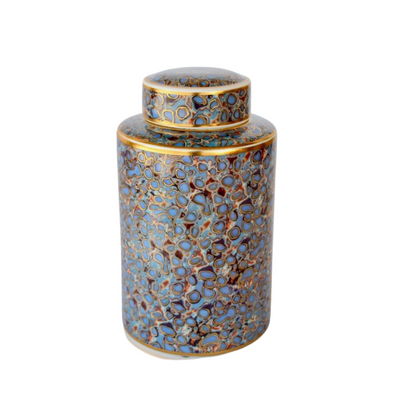 Enhance your décor with this stunning Gold blue multi colour jar with lid. Measuring 30x19cm, it makes a brilliant addition to any room.  Delivery 5 - 7 working days