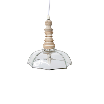 This Hexagonal glass and wooden top hanging lamp adds sophistication to any space. At 27x24.5cm, it's the perfect size for creating a warm, inviting atmosphere. By combining the glass and wood, it stands out as unique and classic at the same time. Light fixtures are a great way to influence your home's ambiance for any occasion.  Delivery 5 - 7 working days