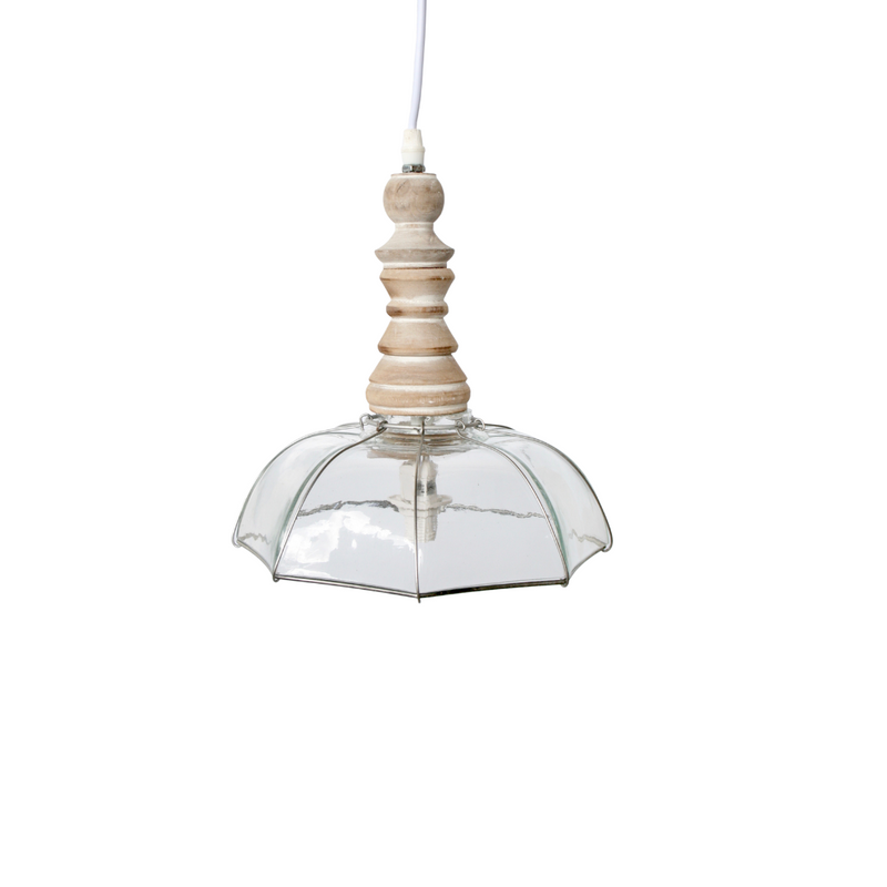 This Hexagonal glass and wooden top hanging lamp adds sophistication to any space. At 27x24.5cm, it&