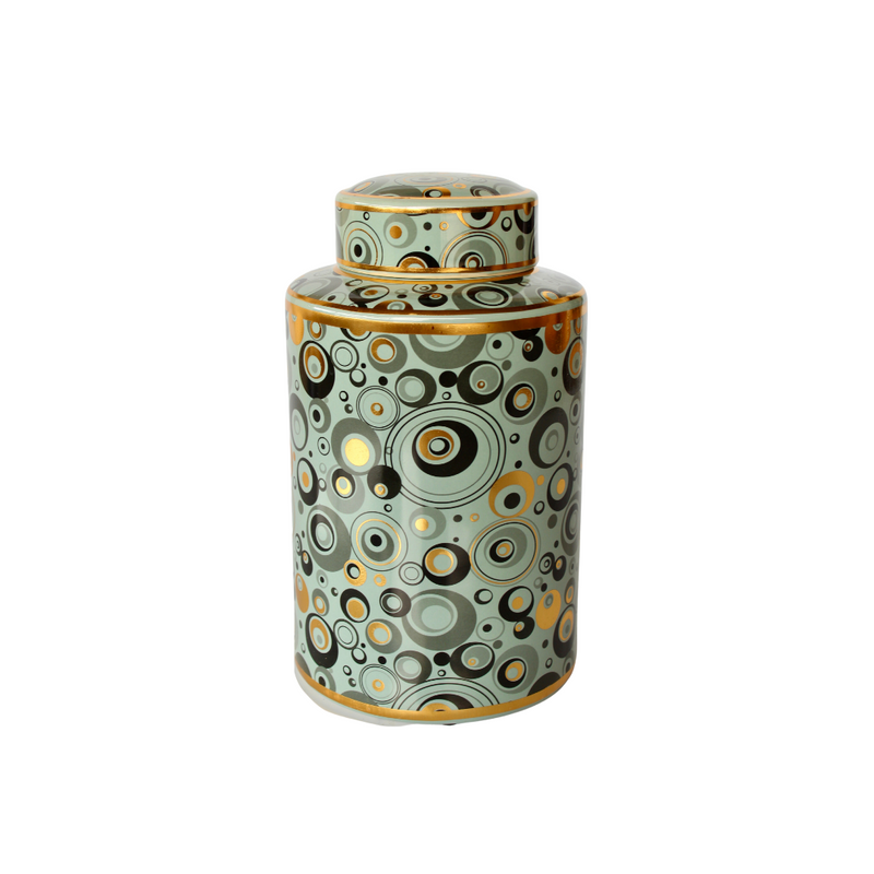 This modern jar is outfitted in a stunning combination of green, gold, and black hues. Its dimensions measure 31x20 cm.  Delivery 5 - 7 working days