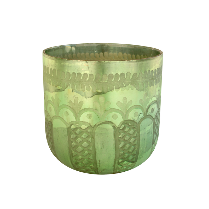 This elegant green etched glass vase is perfect for adding a touch of refinement to any room. Hand-crafted from recycled glass, the vase measures 23x27cm and features unique tortoise shell detailing. Durable and eye-catching, this vase is a classic piece that is sure to last for years to come.  Delivery 5 - 7 working days