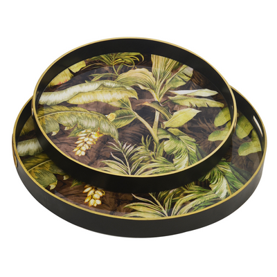 This tropical-themed glass tray set offers an appealing addition to any living space. The set includes a large tray measuring 60 cm and a smaller tray measuring 50 cm. These stunning trays bring a unique and eye-catching touch to any home decor. Perfect for hosting, these trays will add a special touch to your interior design.  Glass tray tropical s/2