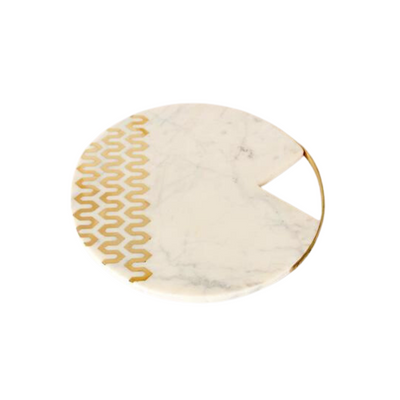 This Marble Board With Brass Insert & Handle is a must-have for entertaining at home. It's 31 CM in diameter and features a durable, easy-to-clean marble construction with a decorative brass insert and handle. Perfect for dinner with friends and family, it's 25 x 13cm size is perfect for serving a variety of sauces and other condiments. Add a touch of style and sophistication to any kitchen or dining table with this decorative Marble Board With Brass Insert & Handle.  Delivery 5 - 7 working days