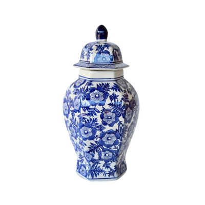 Add a timeless touch to your decor with this classic ginger jar. Featuring a medium blue and white floral design, it measures 35cm x 10cm.  Delivery 5 - 7 working days