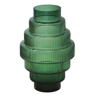 DESCRIPTION  Lustre steps vase green  The Glass Lustre Steps vase or candle holder is a beautiful and versatile piece of home decor from Unique Interiors. Crafted from high-quality glass, this stunning piece features a deep and rich dark green color that exudes elegance and sophistication.