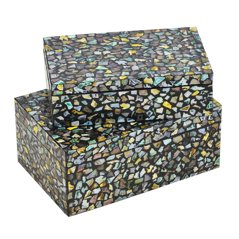 Keep your home looking neat and tidy with this beautiful Mop Box Mosaic Black Set of 2. These mosaic-style decor boxes come in two sizes - 30CM (L) x 20CM (D) x 13CM (H) and 27CM (L) x 17CM (D) x 8CM (H) - to suit your storage needs. Showcase your unique interiors with these perfect home accessories.  Mop box mosaic black Set of 2
