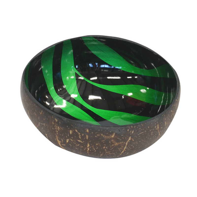 This Mop Coconut Bowl Zebra Green adds a distinctive touch to any table. It measures 15cm x 6cm and has a glossy finish, making it perfect for hosting and serving. Its unique interiors and dash of color will make it stand out from the rest.  Mop coconut bowl zebra green