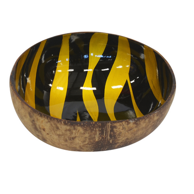 This mop coconut bowl in a bright yellow and zebra pattern adds a splash of fun to any gathering. The glossy finish and 15CM X 6CM size make it ideal for serving and hosting. Its unique interior ensures a one-of-a-kind presentation.  Mop coconut bowl zebra yellow