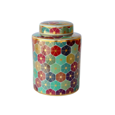 This 27x19cm multi-colored and gold geometric jar with lid is perfect for a stylish home decor. It adds a touch of cheer and brightness with its vibrant colors.  Delivery 5 - 7 working days