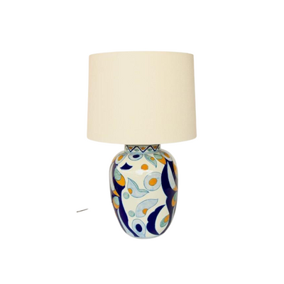 This classic lamp shade is beautifully crafted with a tri-color combination of navy blue, yellow, and off white. Perfect for the modern table lamp, this 59x56cm size is ideal for any room. Add style and decor to any atmosphere with this timeless design.  Delivery 5 - 7 working days
