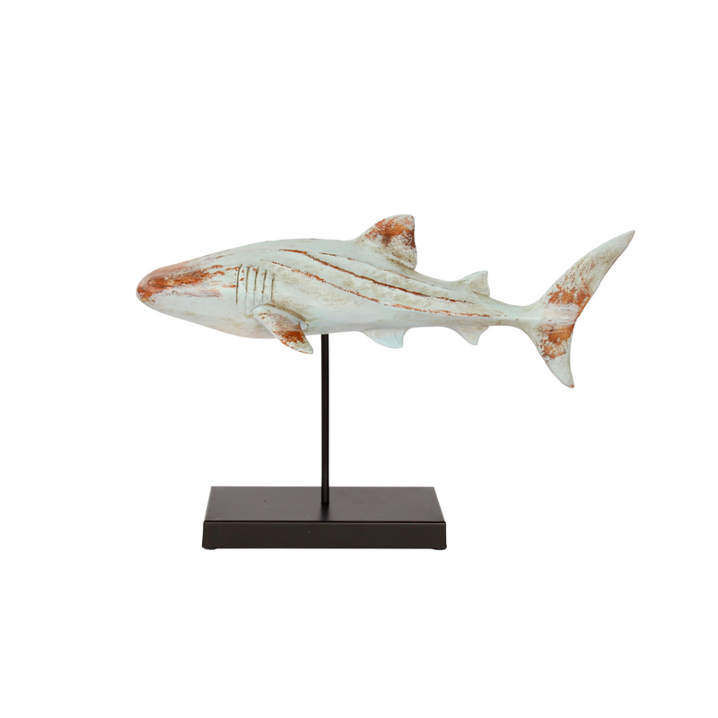 This pale blue shark replica stands 29x45cm tall, making it an eye-catching addition to any home decor. Crafted using resin, it&