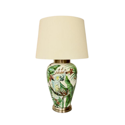 Product Description: White Parrot with Strelitza Lamp Off White Shade 68x40cm This table lamp offers decorative illumination and is sized at 68x40cm. Delivery 5 - 7 working days