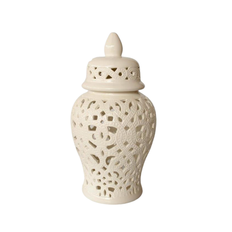 White cut-out ginger jar braided design
