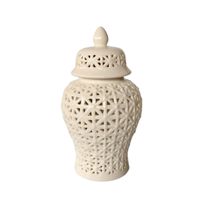 White criss cross cut-out ginger jar