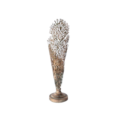 This Tall Metal Seaweed Cone Shaped Candle Holder is 68X17CM in size, ideal for filling any empty space in your abode.  Delivery 5 - 7 working days