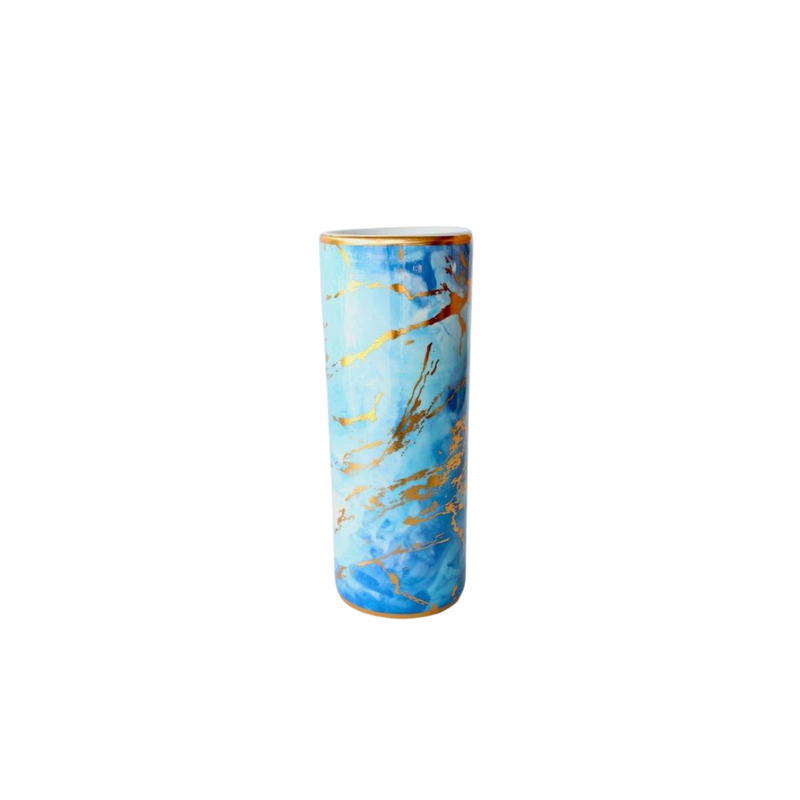 Small blue and gold marbled umbrella stand   An umbrella stand is a storage device for umbrellas and walking sticks. They are usually located inside the entrance of a home or public building, and are sometimes complemented by a hanger or mirror, or combined with a coat rack.  Size:  38x15cm  Delivery   7 - 10 working days