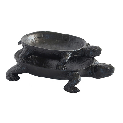 This Resin Turtle Platter Black Set 2 is a unique addition to any home. It has two sizes that measure 30 cm (L) X 18 cm (D) X 5 cm (H) and 24 cm (L) X 14 cm (D) X 4 cm (H), perfect for displaying snacks and other items. Unique Interiors' quality craftsmanship is evident in this piece, which will make a beautiful statement in any room.  Resin turtle platter black set 2