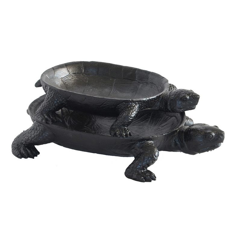 This Resin Turtle Platter Black Set 2 is a unique addition to any home. It has two sizes that measure 30 cm (L) X 18 cm (D) X 5 cm (H) and 24 cm (L) X 14 cm (D) X 4 cm (H), perfect for displaying snacks and other items. Unique Interiors&