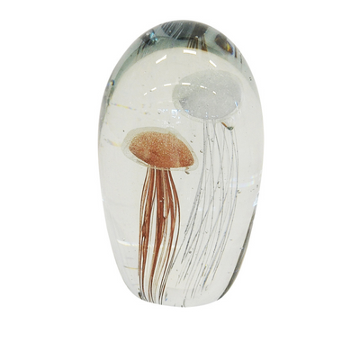Paperweight jellyfish 16cm grey pink  Introducing the stunning Glass Paperweight Jellyfish, a unique and exquisite piece of art that is sure to add a touch of elegance and charm to any room. Measuring 16cm in height, this paperweight features a beautiful jellyfish design that is crafted with intricate details and striking colours of grey and pink.