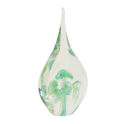 This 26cm paperweight jellyfish-shaped teardrop is sure to give any interior a beautiful and unique accent. Crafted from hand-blown glass, it features a colorful speckled pattern, perfect for any decor. Adds a unique touch to any space.  Paperweight jellyfish teardrop green 26cm  A beautiful speckled glass paperweight. interior decor  Unique Interiors 