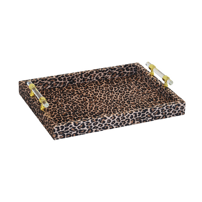 This Tray Velvet Animal Print Perspex Handles Small Single is an eye-catching solution for any home decor. This single tray measures 40cm x 30cm x 4cm and features a velvet animal print and perspex handles for a unique touch. Elevate your Interiors with this stylish, functional piece.  tray velvet animal print perspex handles small single (40cm x 30cm x 4cm)  Size  (40cm x 30cm x 4cm)  Perfect for any home decor.  Unique Interiors