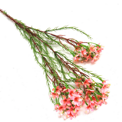 This 78cml Wax Spray Pink boasts a mass of beautifully shaped pink blooms, complemented by fine fynbossie type greenery leaves. With its unique form and stunning color, this item is sure to add a touch of beauty to any space-unique interiors
