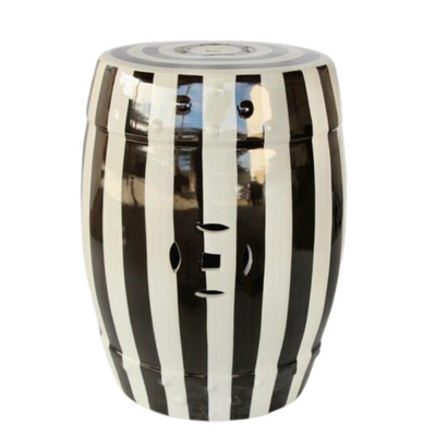 This Black & White Striped Garden Stool adds stylish modern flair to your garden. It measures 46 cm x 32 cm and its weatherproof material makes it suitable for indoor and outdoor use. Create a unique, stylish seating area with this durable and comfortable garden stool.  Unique Interiors lifestyle 