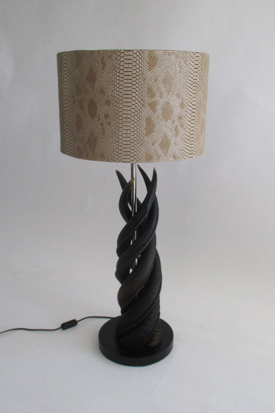4 Natural Kudu Horn Upright Twist lamp & Tan Snake Fabric Shade