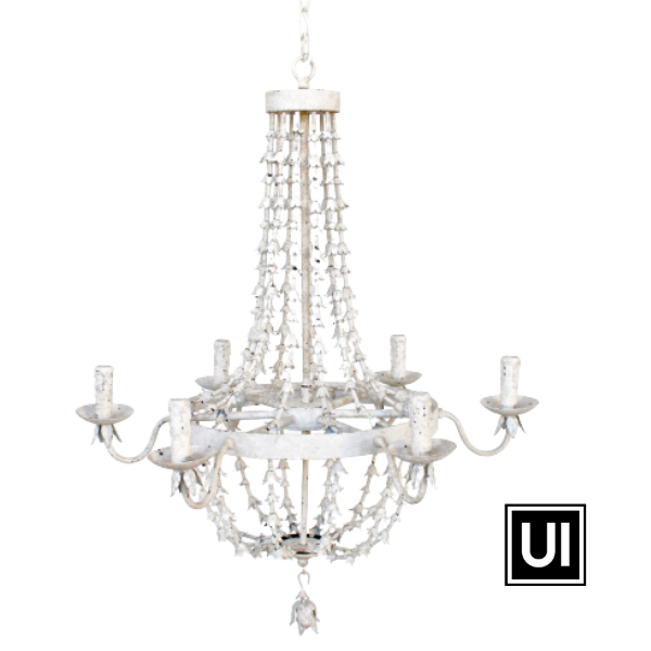 Antique white metal petal 6 light chandelier