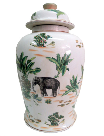 This beautiful ginger jar features vivid, hand painted images of an elephant and palm leaves that evoke the exotic nature of the East. Crafted from fine ceramic, this jar is a stylish addition to any home or office.  Size  50cmH