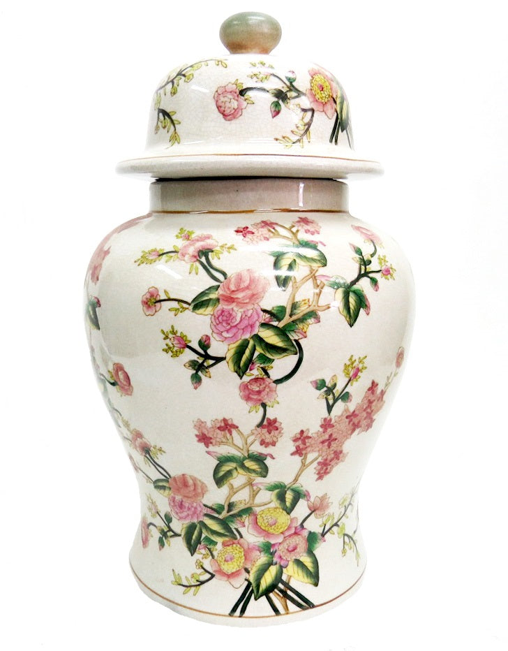 This exquisite pink peony ginger jar is perfect for any special occasion. From its striking pink hue to the intricate details of its design, this jar makes an elegant statement. Ideal for a gift or for sprucing up your home decor, this jar is sure to brighten up any room.  Perfect it for your dining room or lounge.